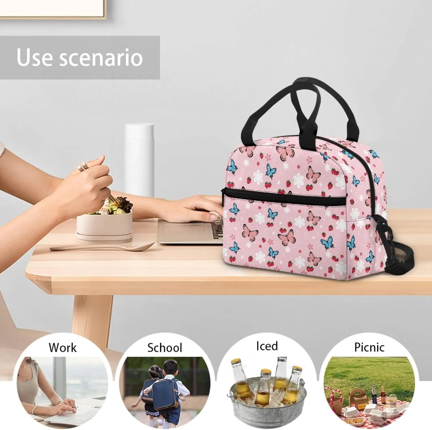 CLOHOMIN Butterfly Lunch Box for Girls 12-14 Women Strawberry Lunch Bags Elementary School Lunch Tote Bags 6th Grade/7th Grade Pink Food Handbags with Handle & Crossbody Strap