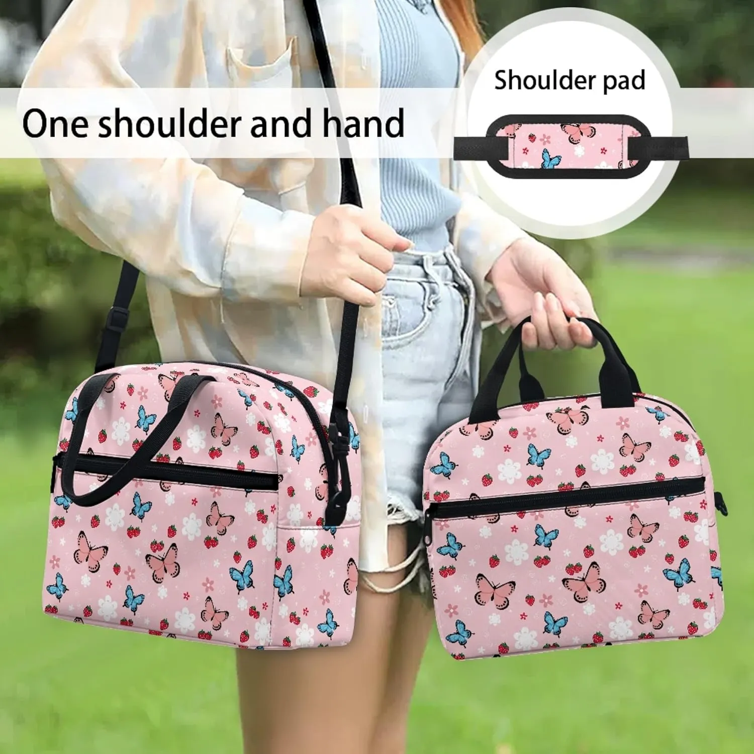 CLOHOMIN Butterfly Lunch Box for Girls 12-14 Women Strawberry Lunch Bags Elementary School Lunch Tote Bags 6th Grade/7th Grade Pink Food Handbags with Handle & Crossbody Strap