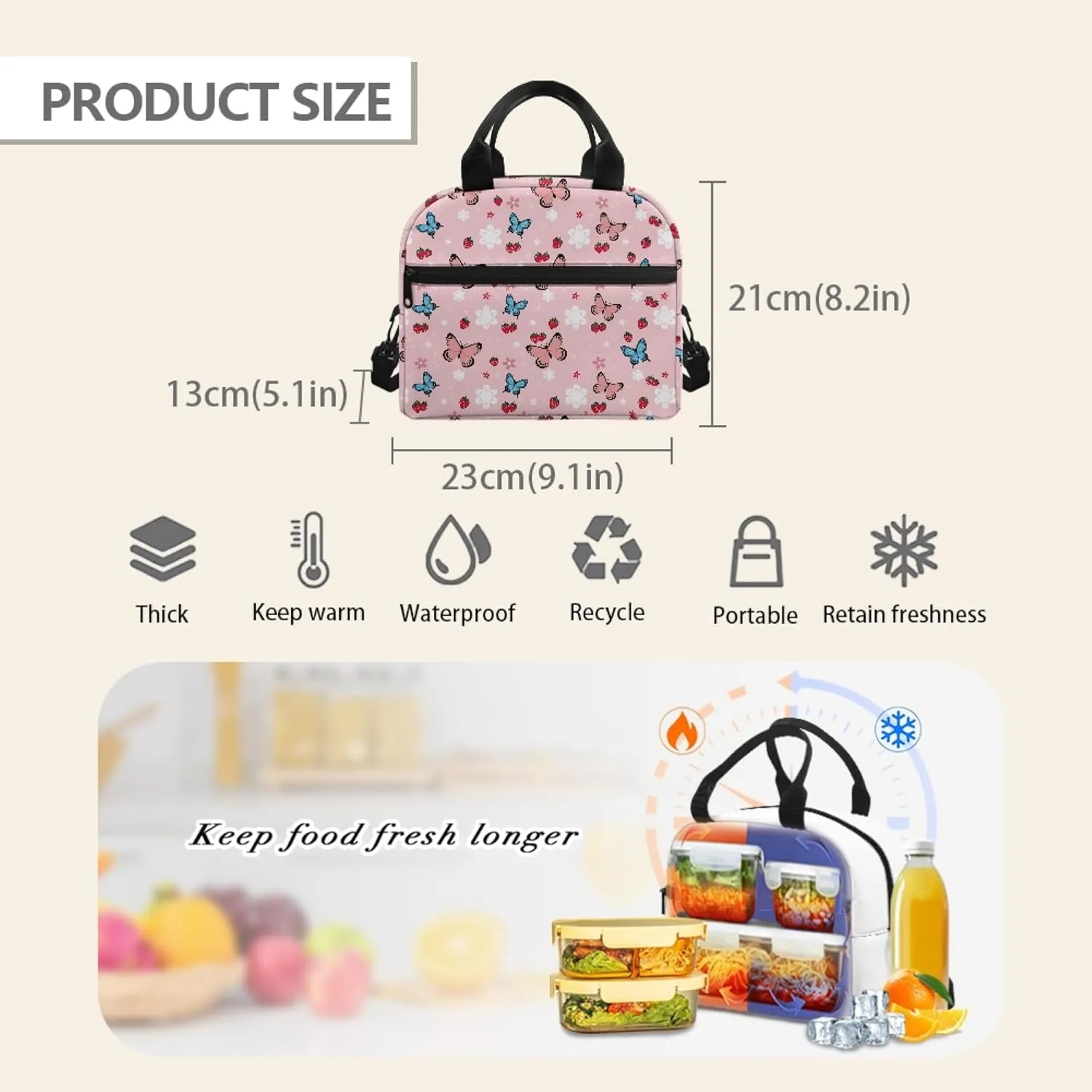 CLOHOMIN Butterfly Lunch Box for Girls 12-14 Women Strawberry Lunch Bags Elementary School Lunch Tote Bags 6th Grade/7th Grade Pink Food Handbags with Handle & Crossbody Strap