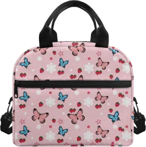CLOHOMIN Butterfly Lunch Box for Girls 12-14 Women Strawberry Lunch Bags Elementary School Lunch Tote Bags 6th Grade/7th Grade Pink Food Handbags with Handle & Crossbody Strap