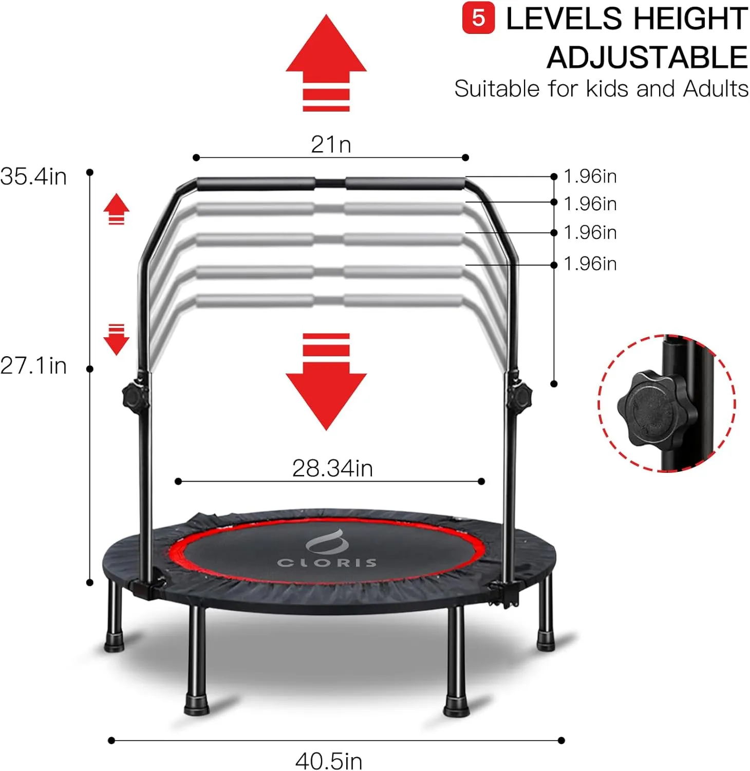 CLORIS Mini Trampoline for Adults Kids, Cardio Exercise Trampoline, Thick Steel Spring Fitness Workout Rebounder Trampoline Indoor Outdoor 5 Height Adjust Load 500lbs
