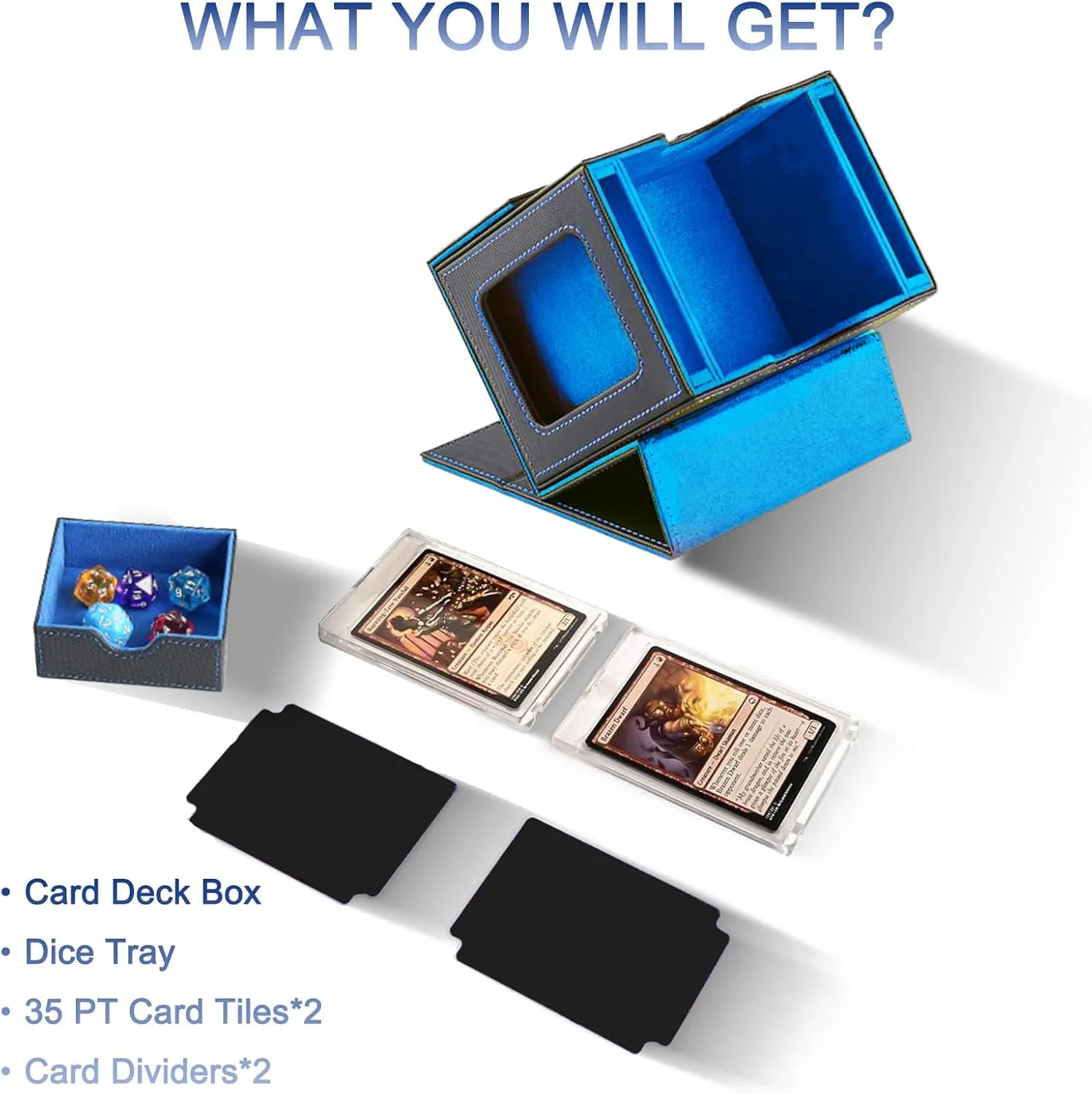 CMFYlive MTG Deck Box for Commander Display Card Deck Box Gamegenic Card Fits 100  Double Sleeved Cards Magic Commander Storage Boxes with 2 Dividers and 2 Toploader Fit for Magic Cards Black/Blue
