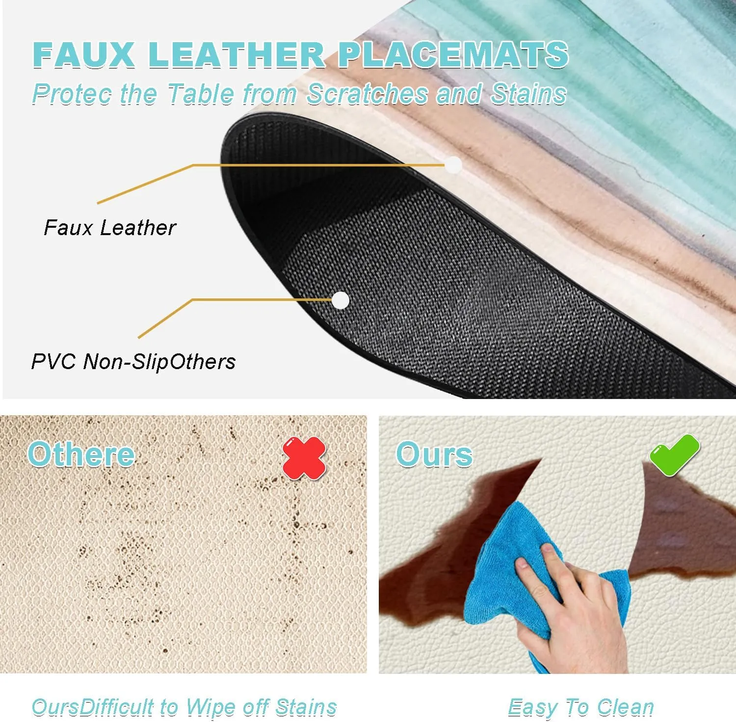 Coastal Placemats Set of 4 - Coastlin Faux Leather Anti Heat Placemats for Dinner Table, Non-Slip Waterproof Oil-Proof Washable Reusable Placemat for Indoor Outdoor Kitchen, 15.75In*11.81In