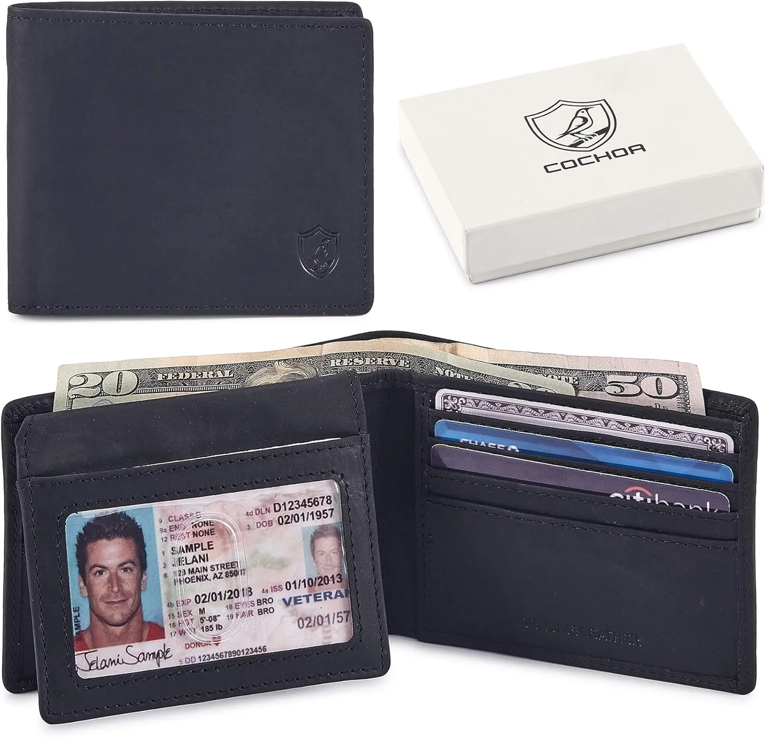 Cochoa Wallet for Men's RFID Blocking Real Leather Bifold Stylish 2 ID Window in Gift Box