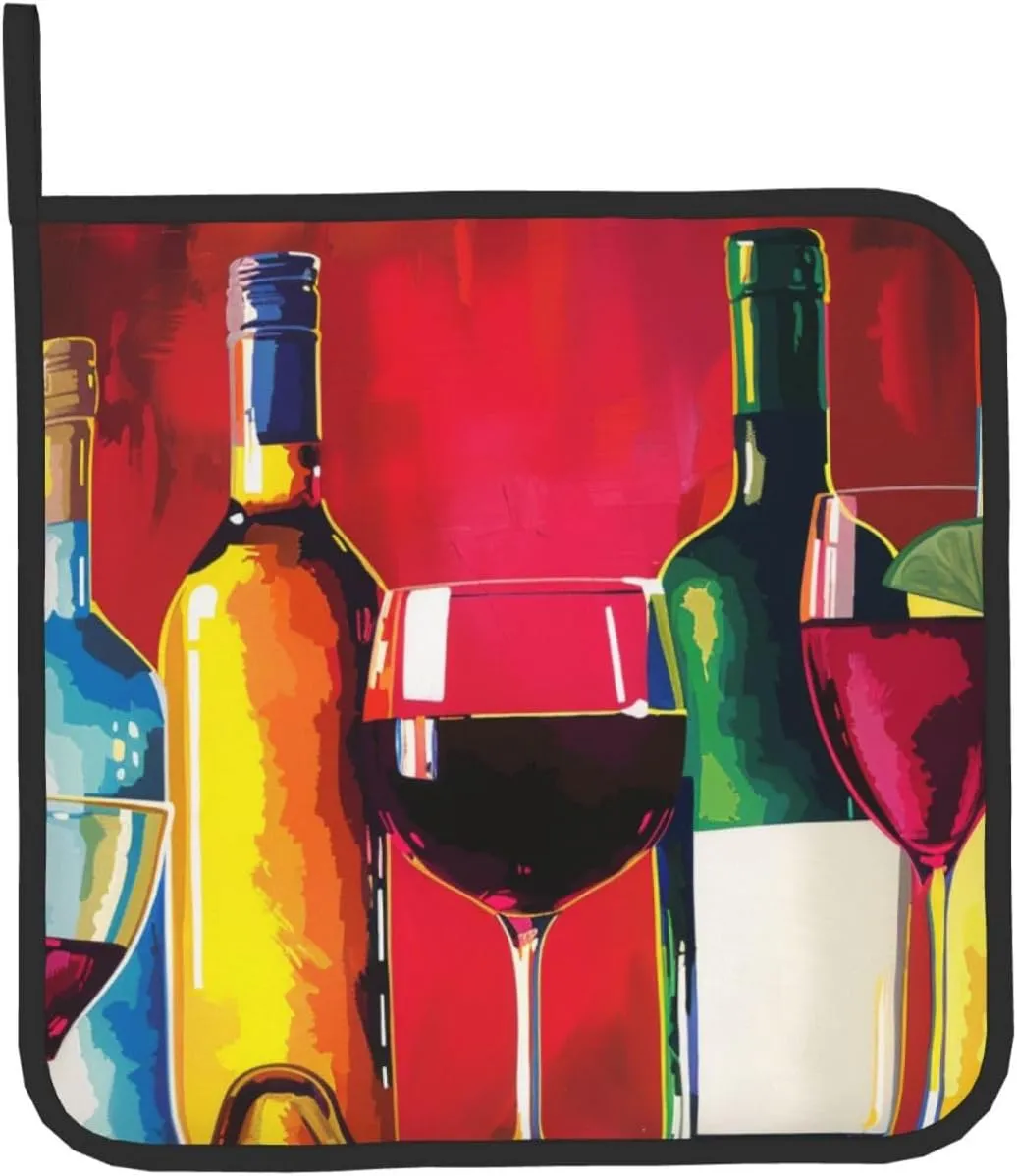 Cocktail Glasses and Wine Bottles Printed Oven Mitts with Pot Holders 2-Piece Set - Heat Resistant Oven Gloves and Potholder for Kitchen & Outdoor Cooking Baking