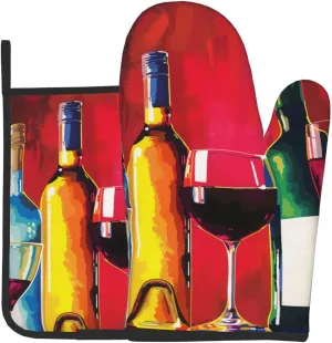Cocktail Glasses and Wine Bottles Printed Oven Mitts with Pot Holders 2-Piece Set - Heat Resistant Oven Gloves and Potholder for Kitchen & Outdoor Cooking Baking