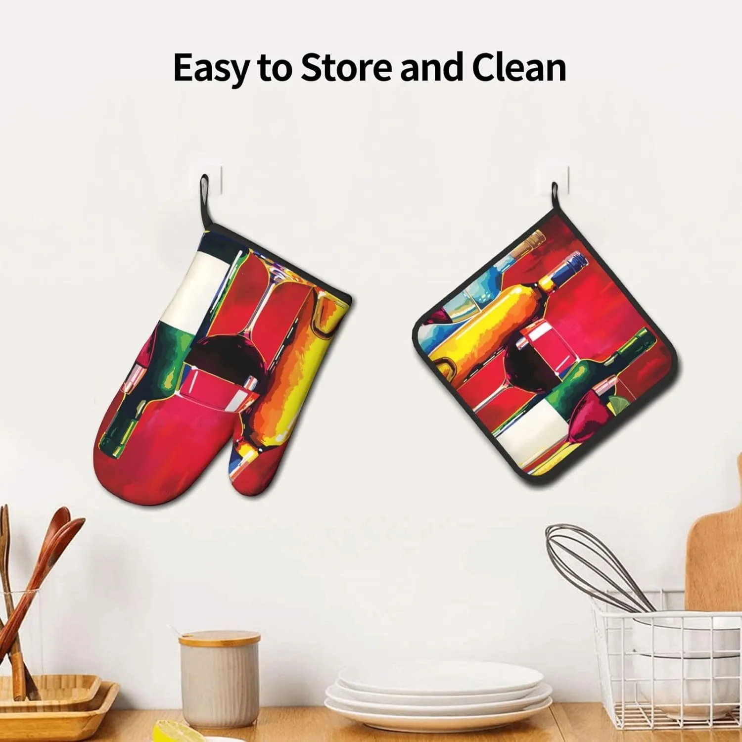 Cocktail Glasses and Wine Bottles Printed Oven Mitts with Pot Holders 2-Piece Set - Heat Resistant Oven Gloves and Potholder for Kitchen & Outdoor Cooking Baking