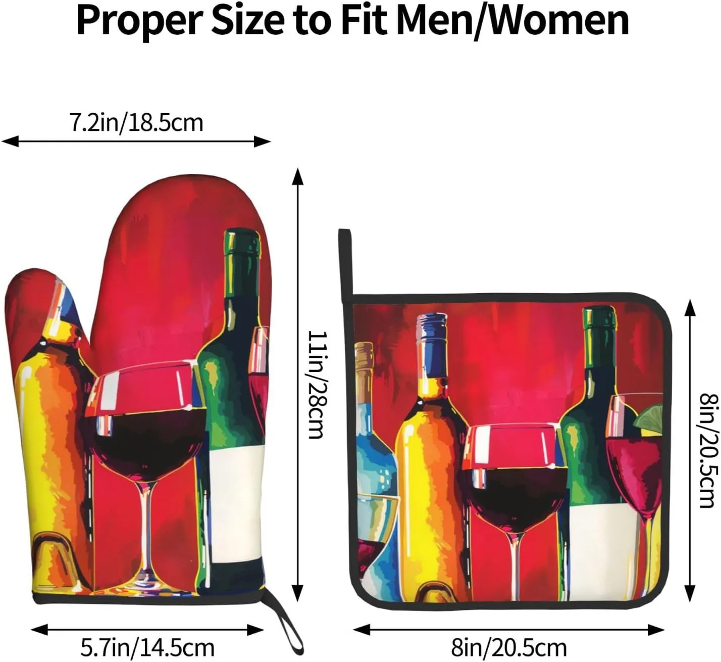Cocktail Glasses and Wine Bottles Printed Oven Mitts with Pot Holders 2-Piece Set - Heat Resistant Oven Gloves and Potholder for Kitchen & Outdoor Cooking Baking