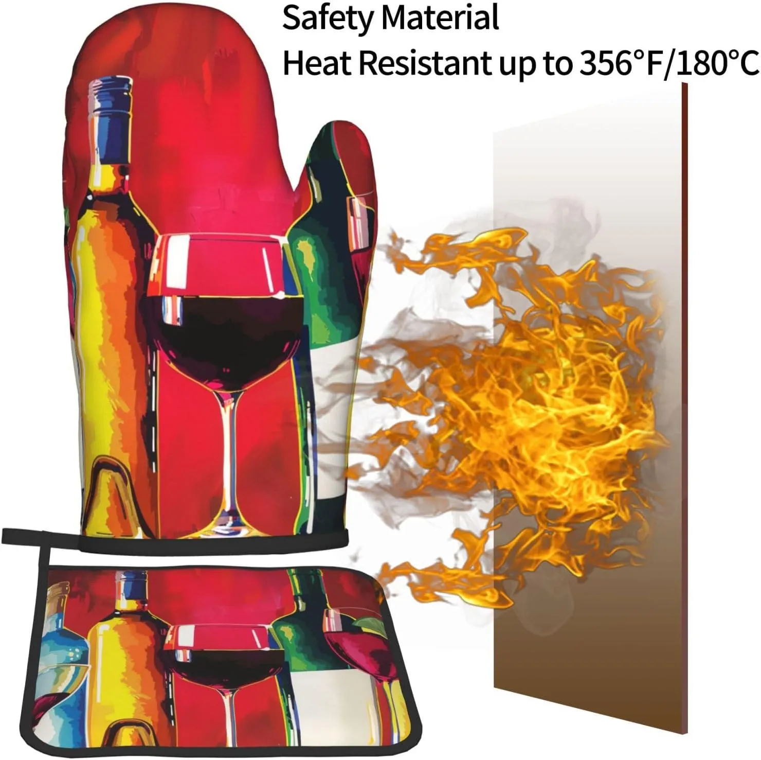 Cocktail Glasses and Wine Bottles Printed Oven Mitts with Pot Holders 2-Piece Set - Heat Resistant Oven Gloves and Potholder for Kitchen & Outdoor Cooking Baking