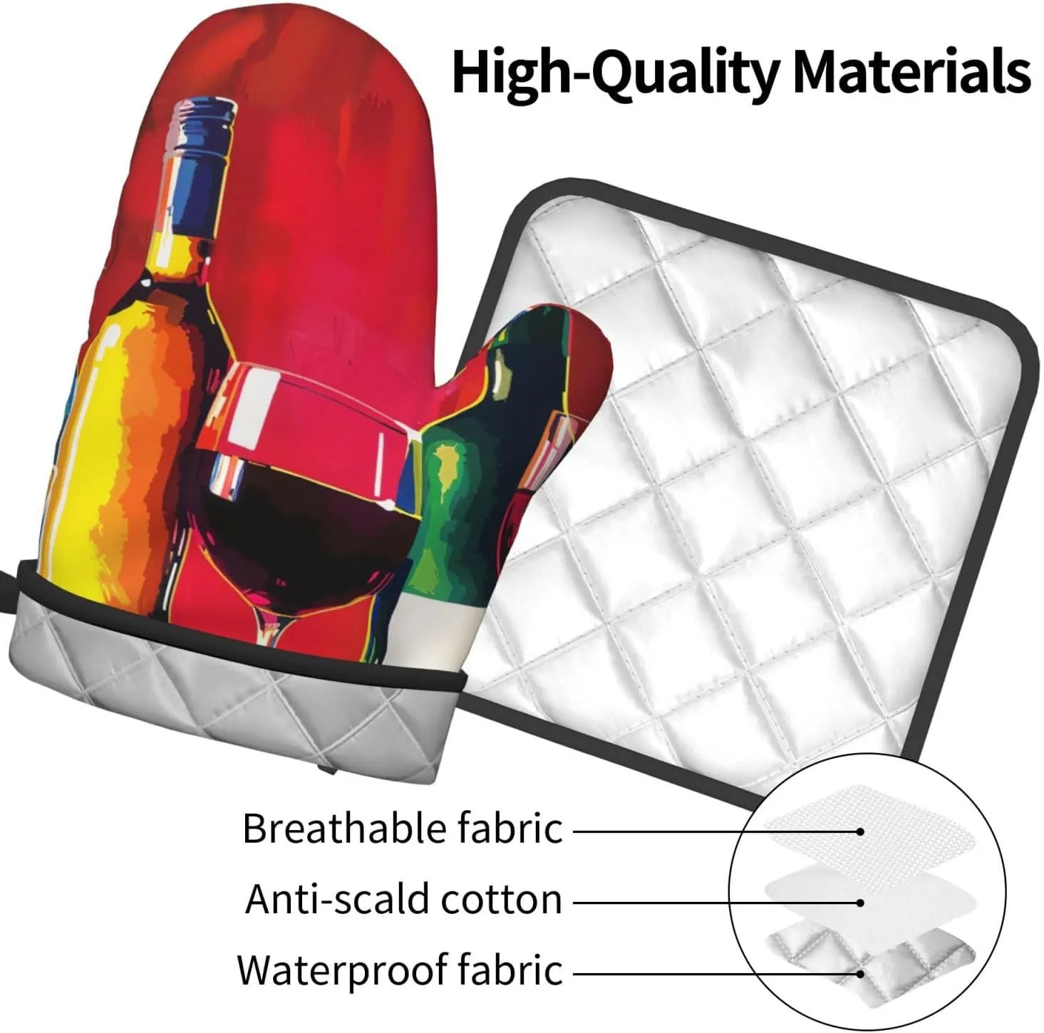 Cocktail Glasses and Wine Bottles Printed Oven Mitts with Pot Holders 2-Piece Set - Heat Resistant Oven Gloves and Potholder for Kitchen & Outdoor Cooking Baking