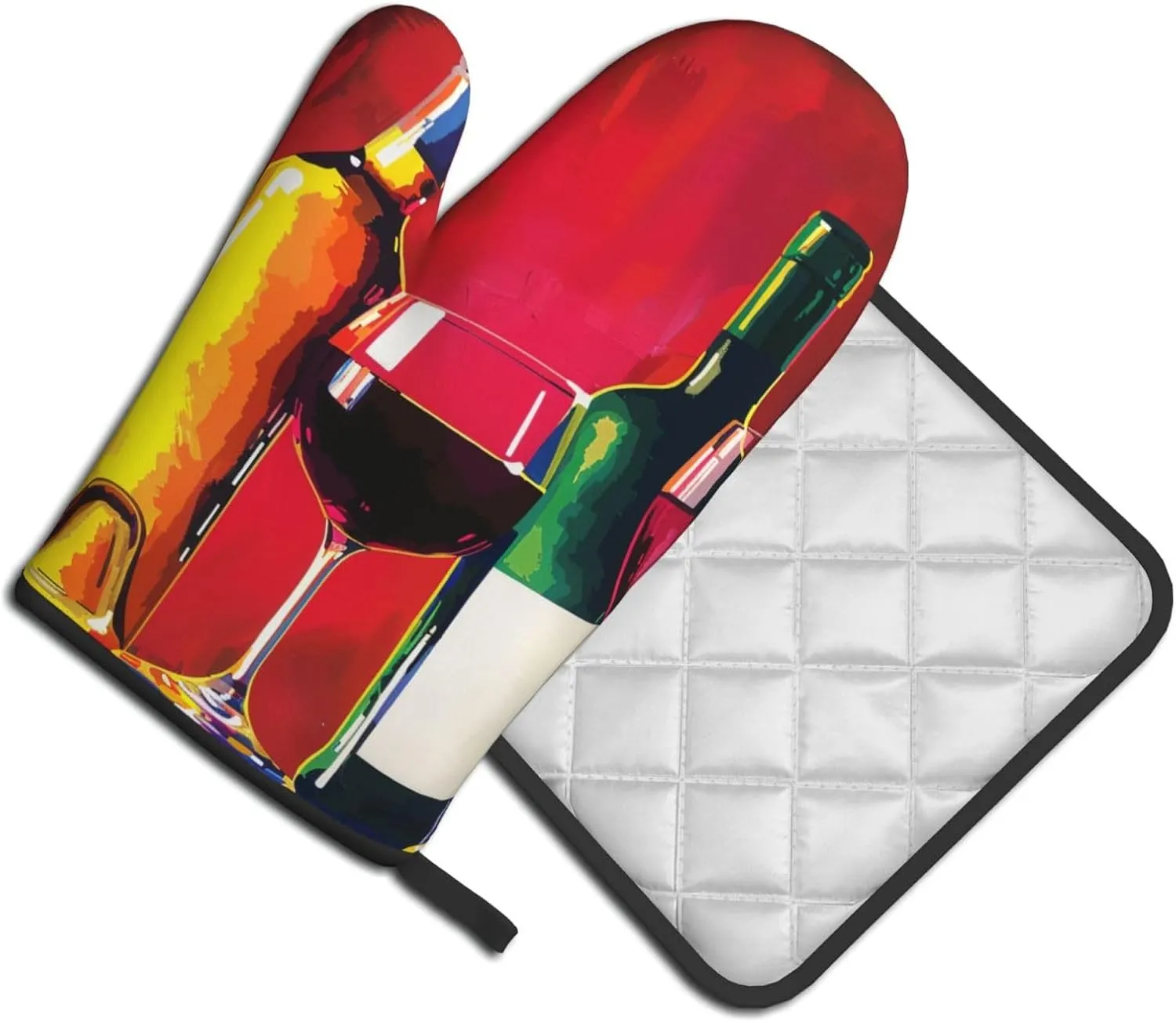 Cocktail Glasses and Wine Bottles Printed Oven Mitts with Pot Holders 2-Piece Set - Heat Resistant Oven Gloves and Potholder for Kitchen & Outdoor Cooking Baking