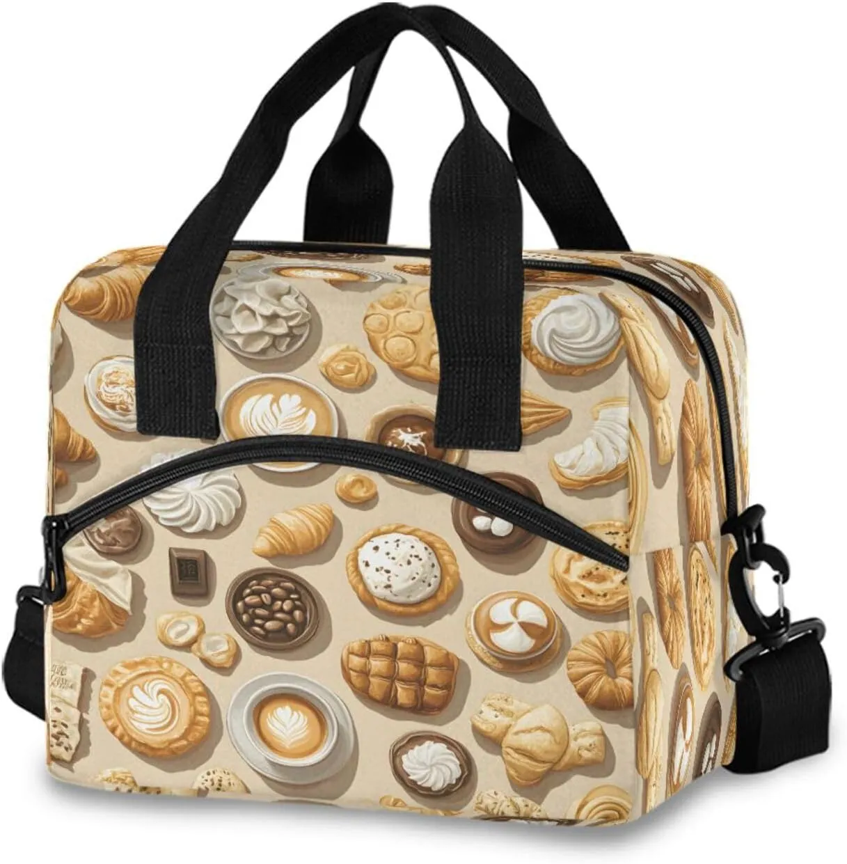 Coffee Bread Croissants Dumplings Pattern Lunch Box for Men Women Adults Insulated Lunch Bag Cooler Bag with Adjustable Shoulder Strap for Work Picnic Travel