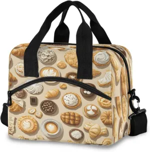 Coffee Bread Croissants Dumplings Pattern Lunch Box for Men Women Adults Insulated Lunch Bag Cooler Bag with Adjustable Shoulder Strap for Work Picnic Travel