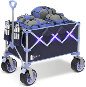 Collapsible Wagon Cart with 440lbs Weight Capacity, Heavy Duty Foldable Wagon with Big All-Terrain Wheels & Drink Holders, Utility Carts for Camping, Garden, Outdoor, Grocery, Sports. Blue