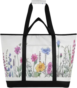 Colorful Flowers Reusable Insulated Lunchbox Cooler Bag, Leakproof Kitchen Grocery Bag Collapsible Portable Cooler Tote Bag for Picnic, Camping, Office, Travel