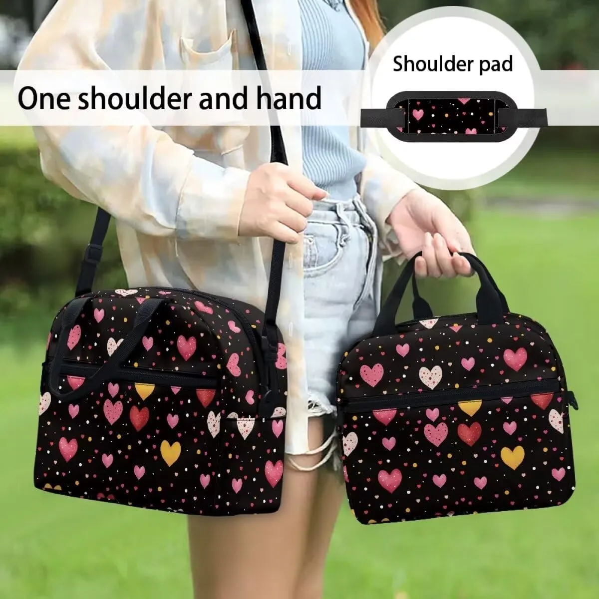 Colorful Heart Print Lunch Containers for Teens Waterproof and Oil Proof Lunch Box for Students Insulated Lunch Bag with Shoulder Strap, Work University