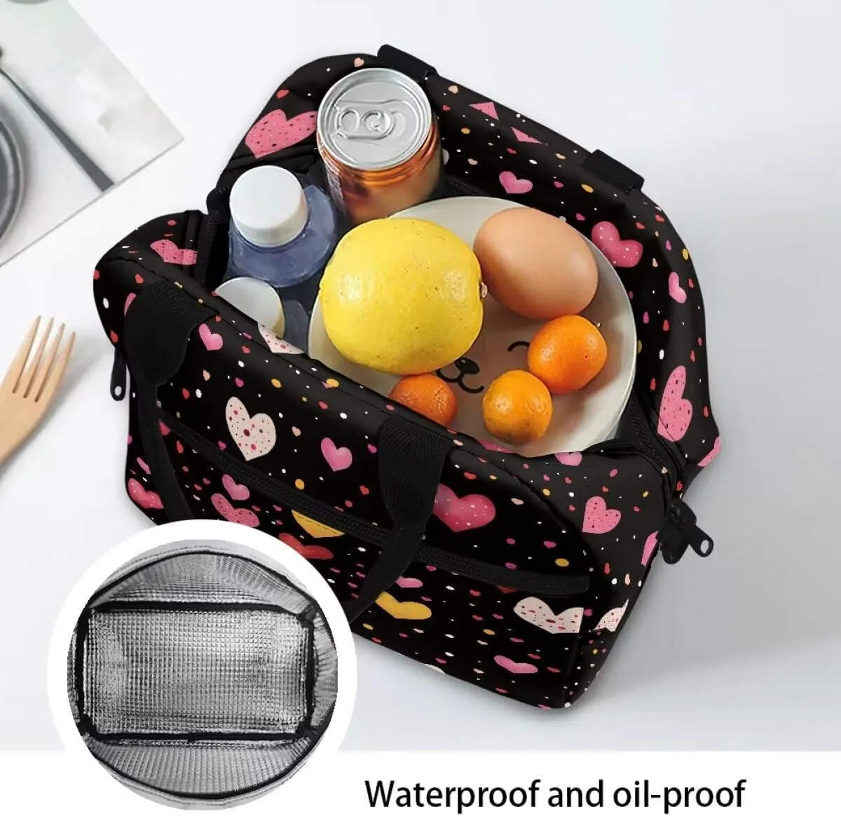 Colorful Heart Print Lunch Containers for Teens Waterproof and Oil Proof Lunch Box for Students Insulated Lunch Bag with Shoulder Strap, Work University