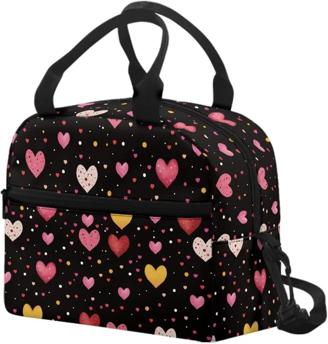 Colorful Heart Print Lunch Containers for Teens Waterproof and Oil Proof Lunch Box for Students Insulated Lunch Bag with Shoulder Strap, Work University
