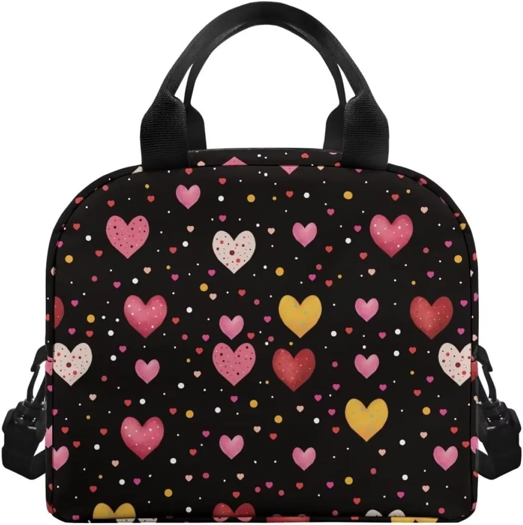 Colorful Heart Print Lunch Containers for Teens Waterproof and Oil Proof Lunch Box for Students Insulated Lunch Bag with Shoulder Strap, Work University