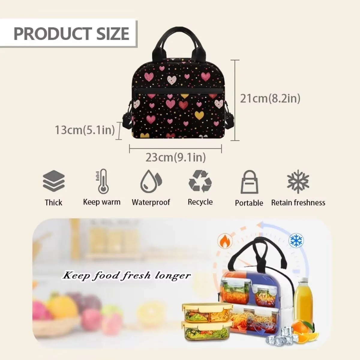 Colorful Heart Print Lunch Containers for Teens Waterproof and Oil Proof Lunch Box for Students Insulated Lunch Bag with Shoulder Strap, Work University