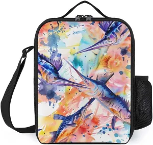 Colorful Marlin Sailfish Watercolor Printed Insulated Lunch Bag Portable Meal Box Container Tote Bag for Women Men Work Picnic