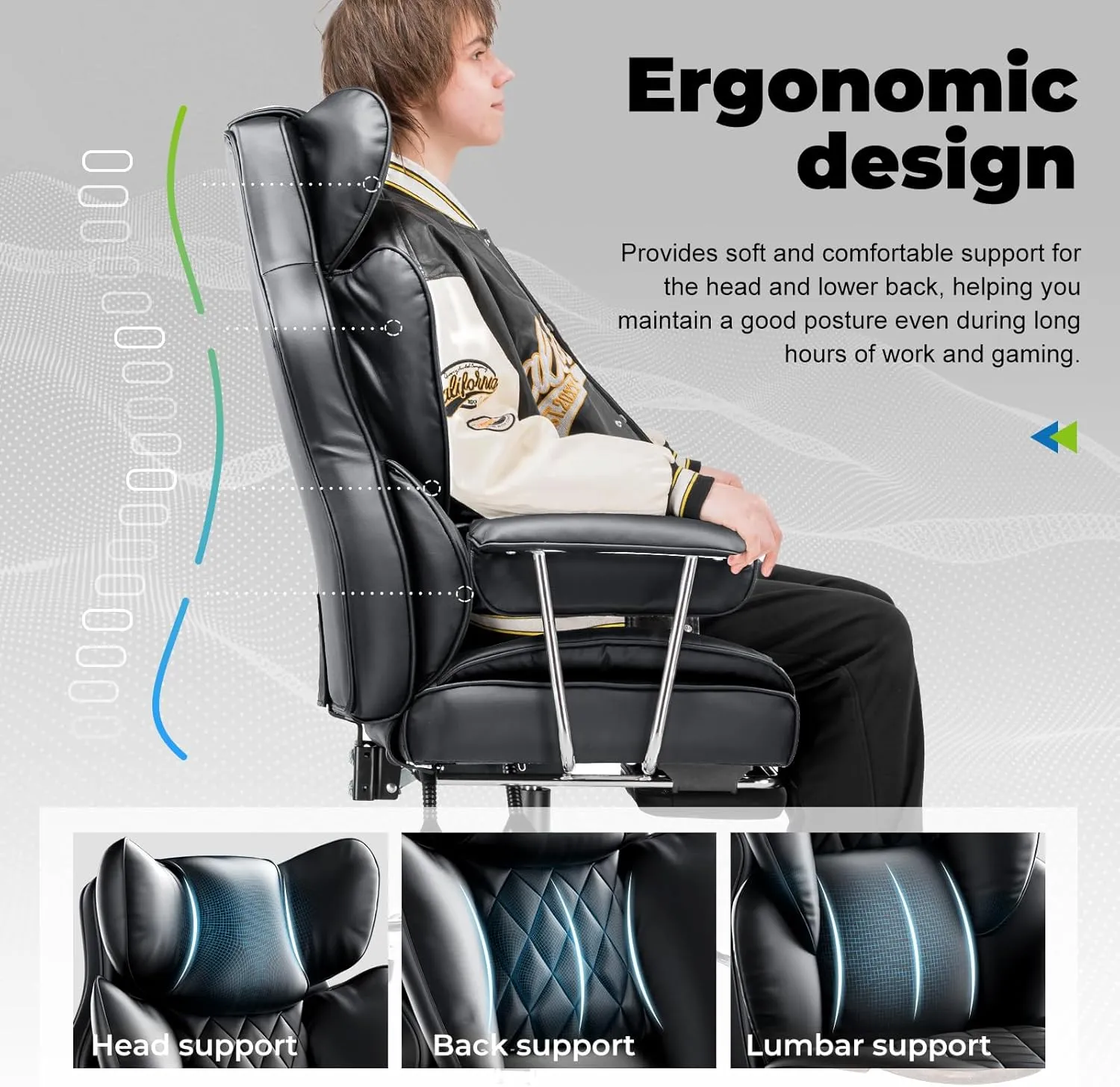 COMHOMA Big and Tall Office Chair, High Back Leather Gaming Chair with Footrest, Executive Ergonomic Office Chair with Pocket Spring Lumbar Support and with Outward Fixed Soft Armrests