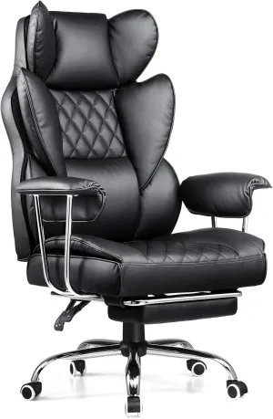 COMHOMA Big and Tall Office Chair, High Back Leather Gaming Chair with Footrest, Executive Ergonomic Office Chair with Pocket Spring Lumbar Support and with Outward Fixed Soft Armrests