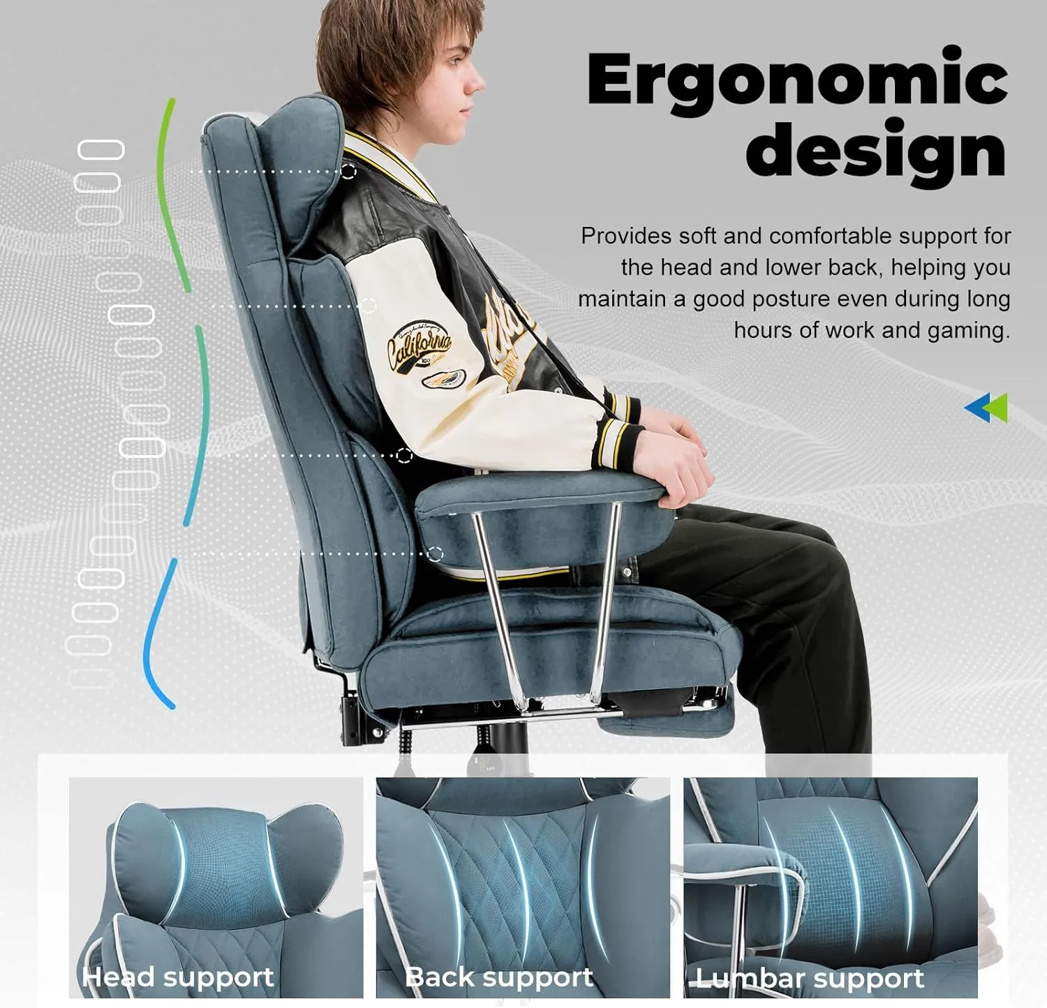 COMHOMA Big and Tall Office Chair, High Back Leather Gaming Chair with Footrest, Executive Ergonomic Office Chair with Pocket Spring Lumbar Support and with Outward Fixed Soft Armrests
