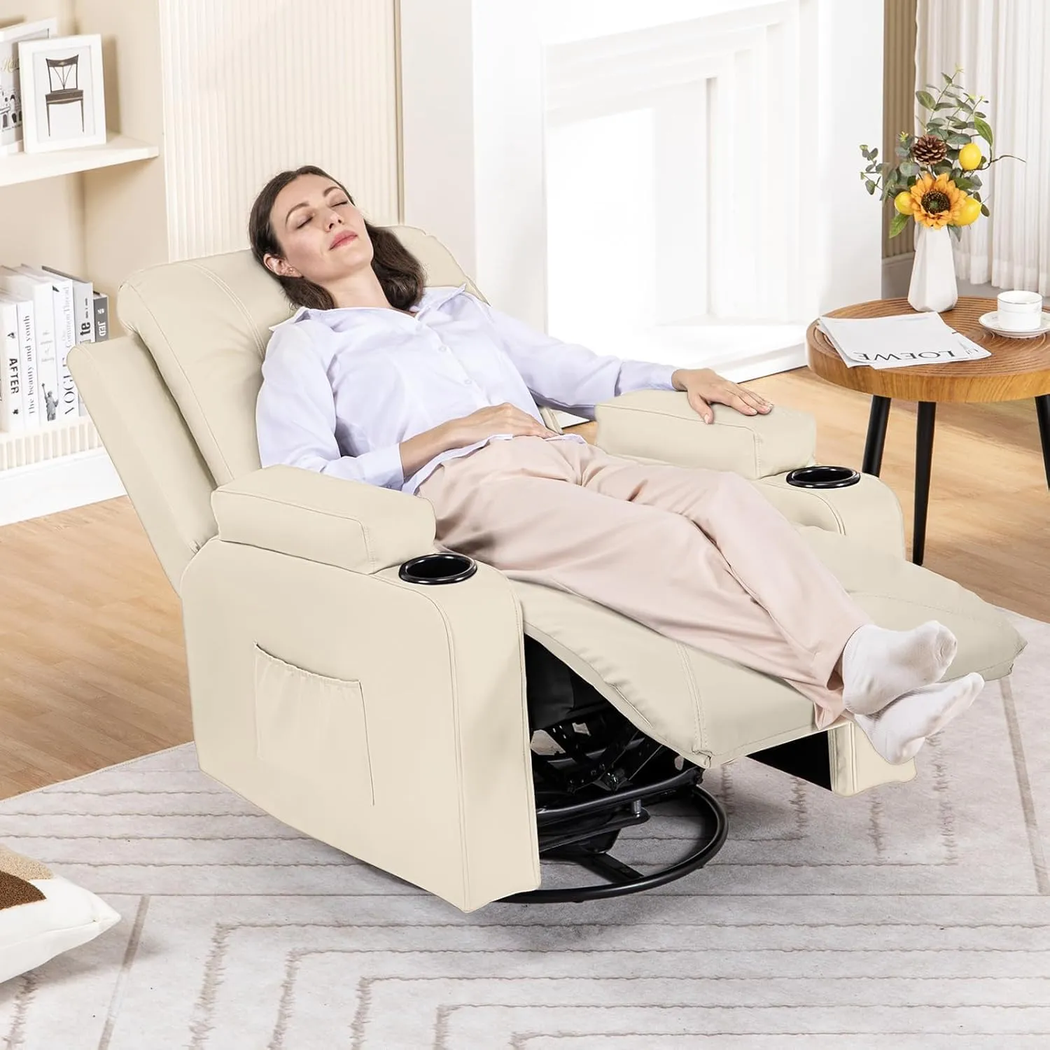 COMHOMA OMHOMA Recliner Chair, Swivel Rocker Recliners, Massage and Heat Reclining Chair, Reclining Sofa with Side Pockets, Cup Holders for Living Room, Bedroom (White)