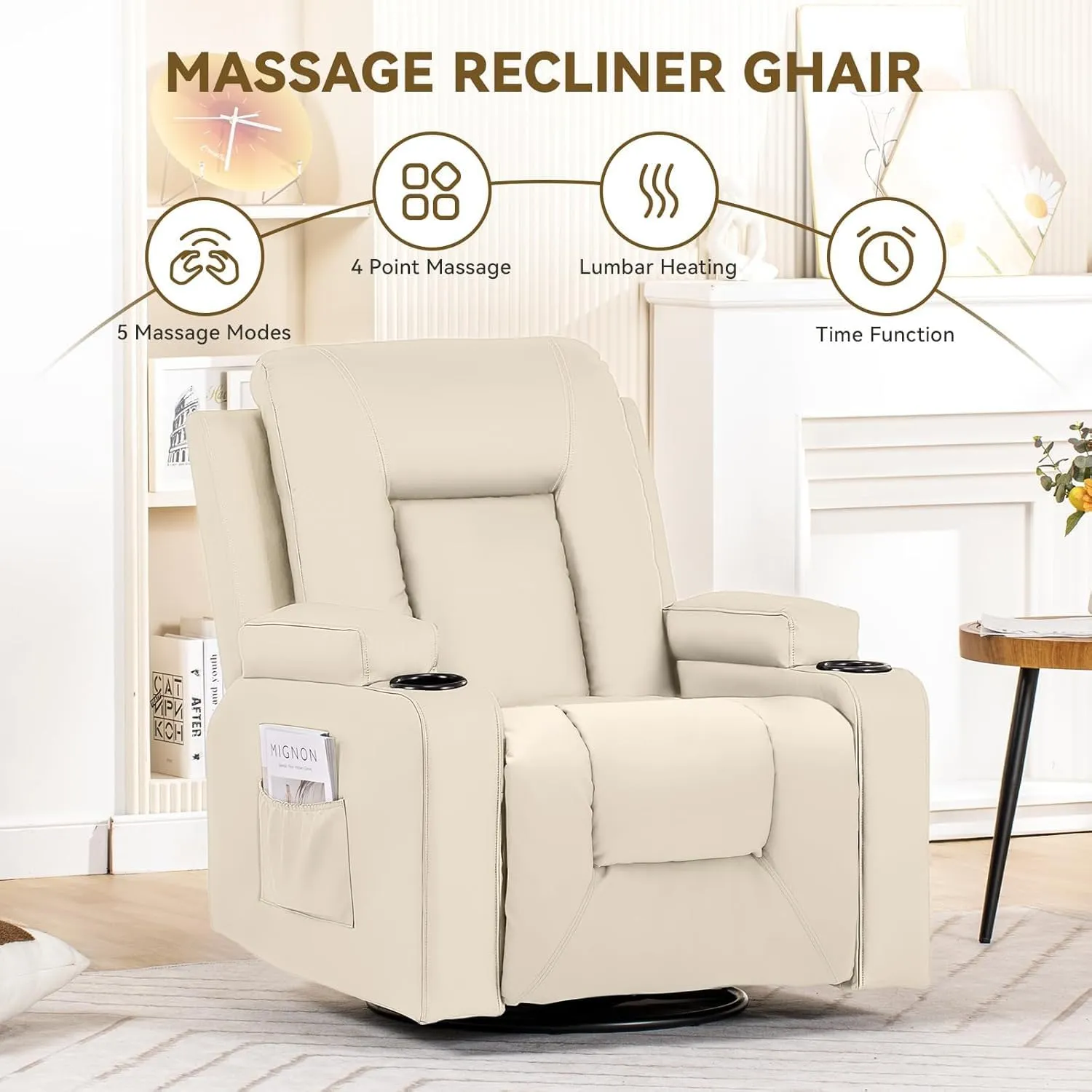 COMHOMA OMHOMA Recliner Chair, Swivel Rocker Recliners, Massage and Heat Reclining Chair, Reclining Sofa with Side Pockets, Cup Holders for Living Room, Bedroom (White)