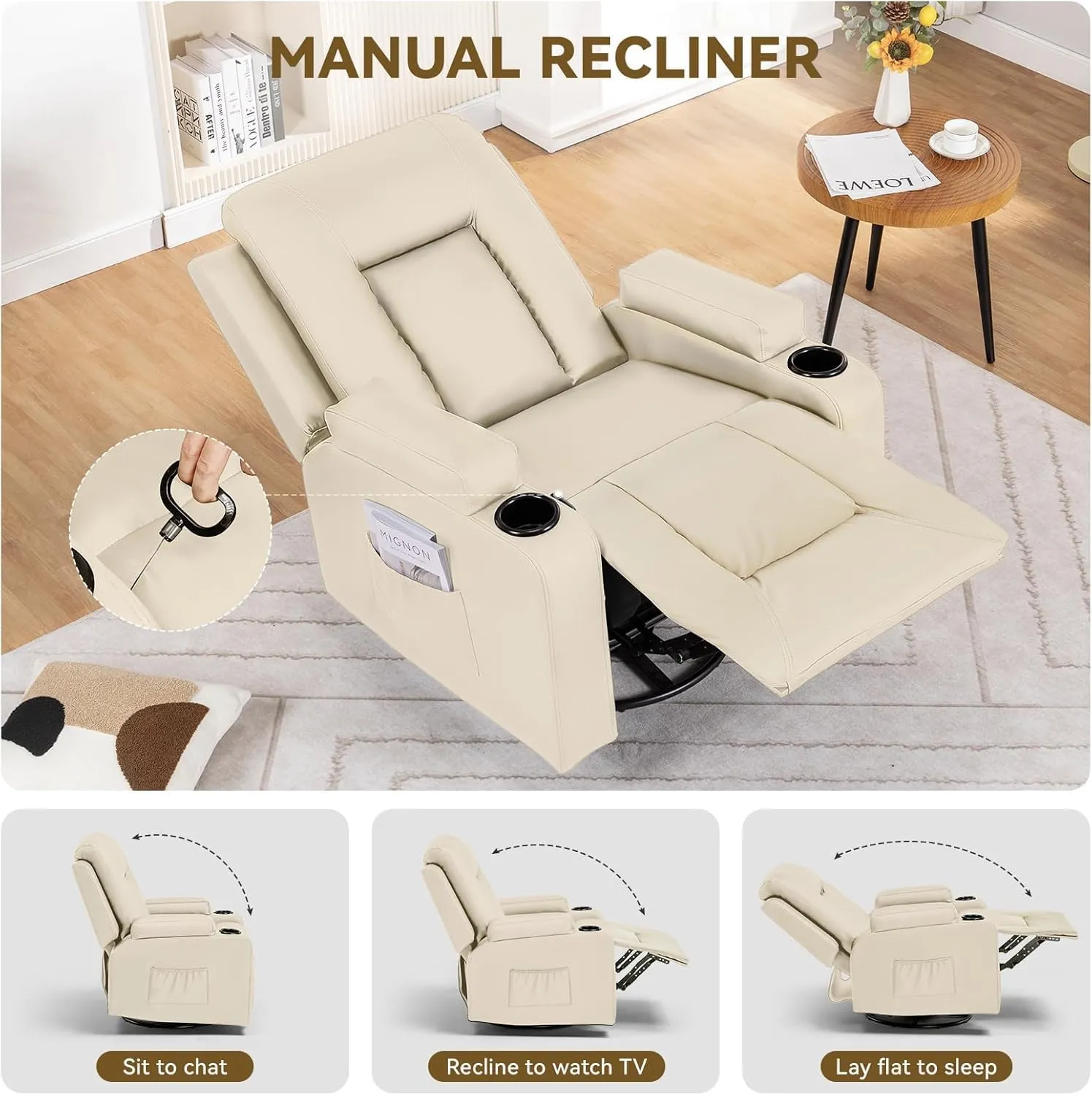 COMHOMA OMHOMA Recliner Chair, Swivel Rocker Recliners, Massage and Heat Reclining Chair, Reclining Sofa with Side Pockets, Cup Holders for Living Room, Bedroom (White)