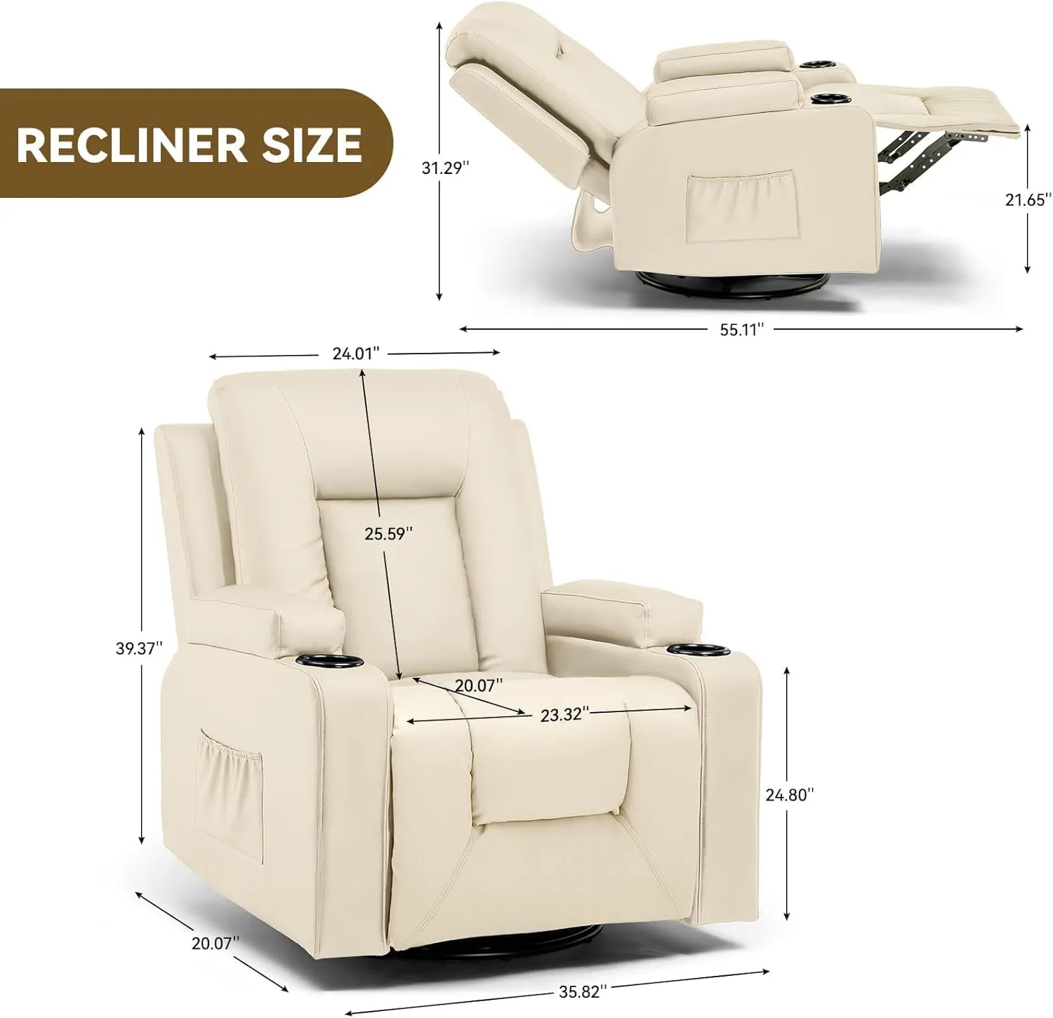 COMHOMA OMHOMA Recliner Chair, Swivel Rocker Recliners, Massage and Heat Reclining Chair, Reclining Sofa with Side Pockets, Cup Holders for Living Room, Bedroom (White)