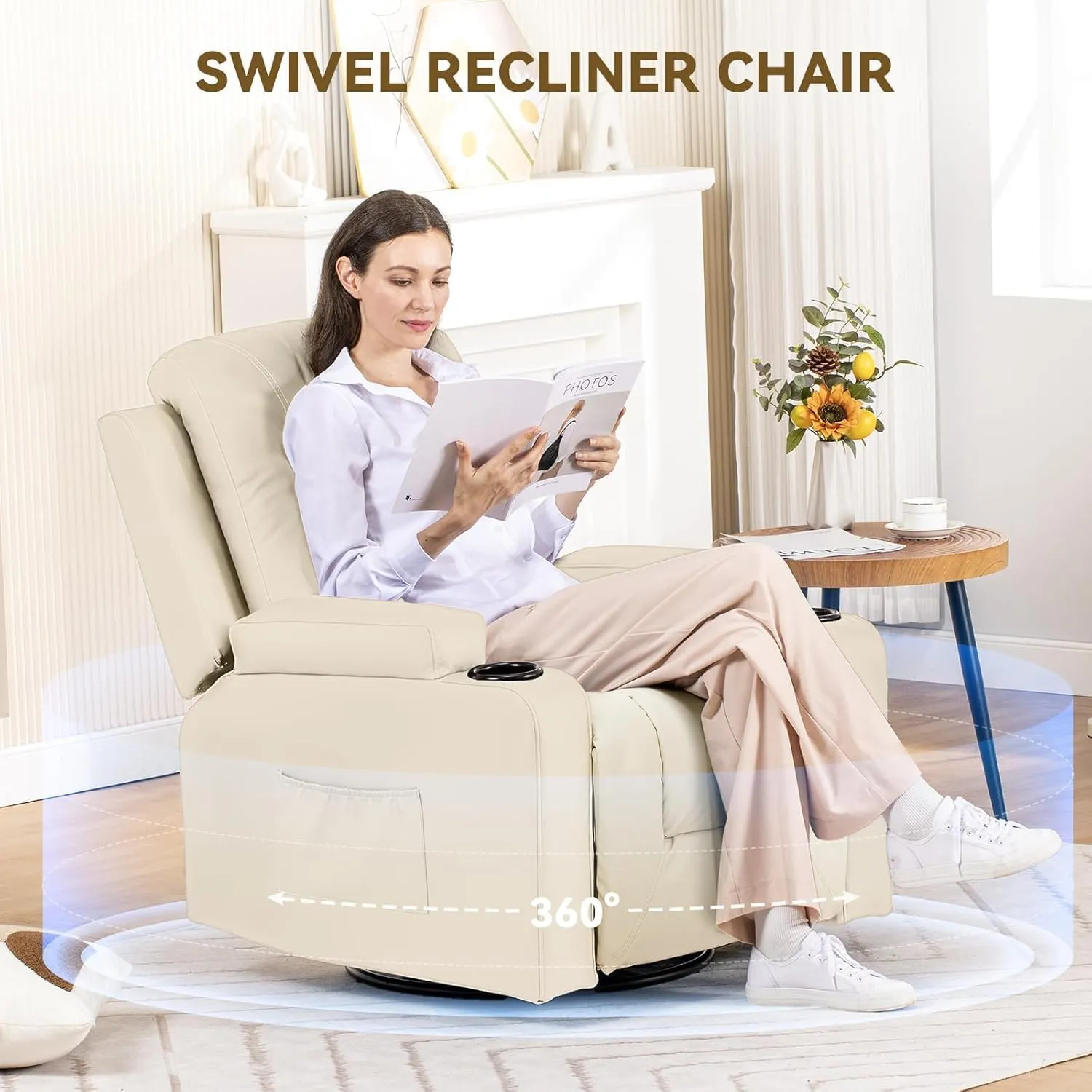 COMHOMA OMHOMA Recliner Chair, Swivel Rocker Recliners, Massage and Heat Reclining Chair, Reclining Sofa with Side Pockets, Cup Holders for Living Room, Bedroom (White)