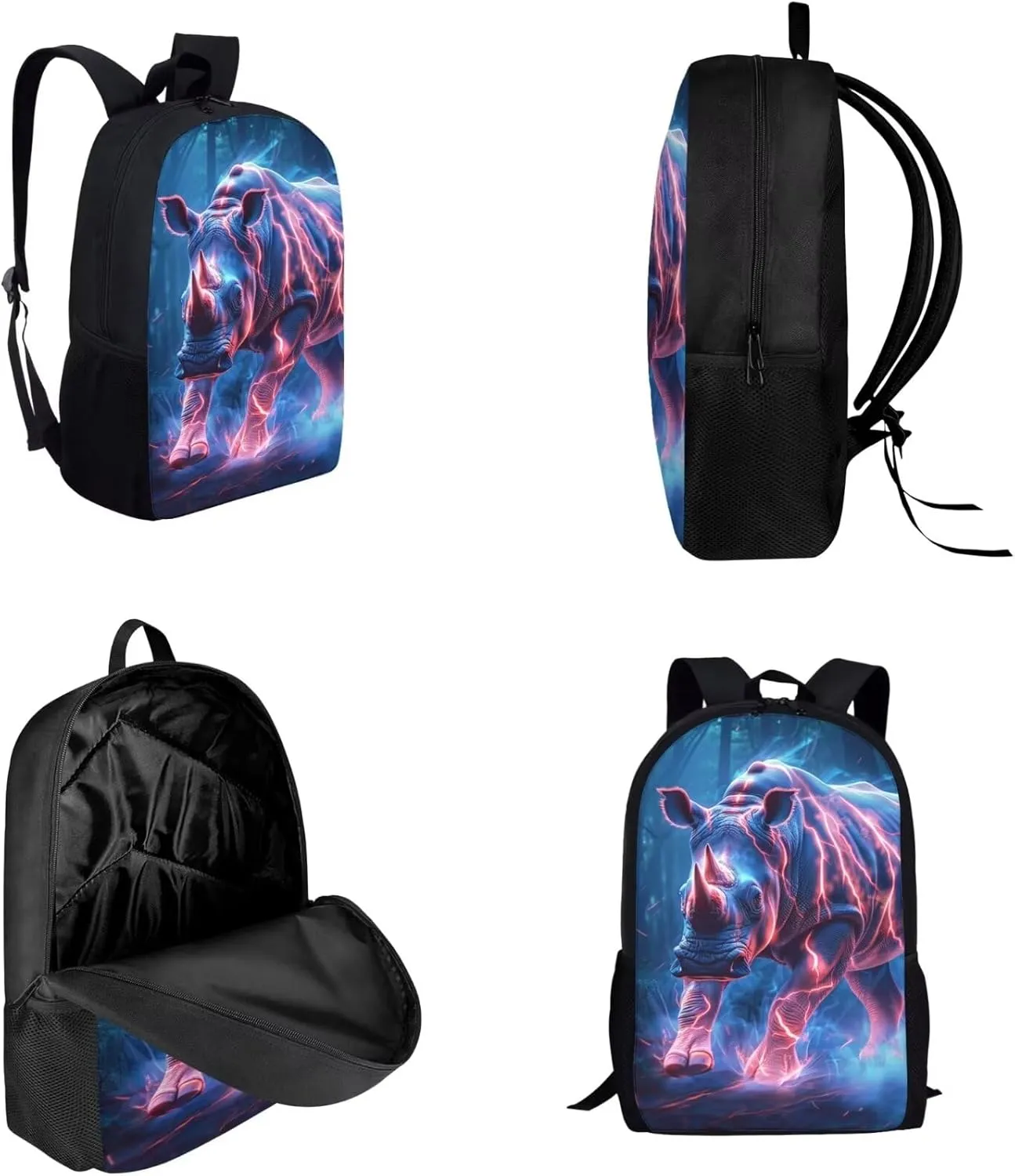 Cool Animal Print Backpack with Lunch Box Pencil Case Magical Lightning Rhinoceros Backpack for Boys Girls Large Capacity Lightweight Blue 17 Inch School Bag Set for Kids