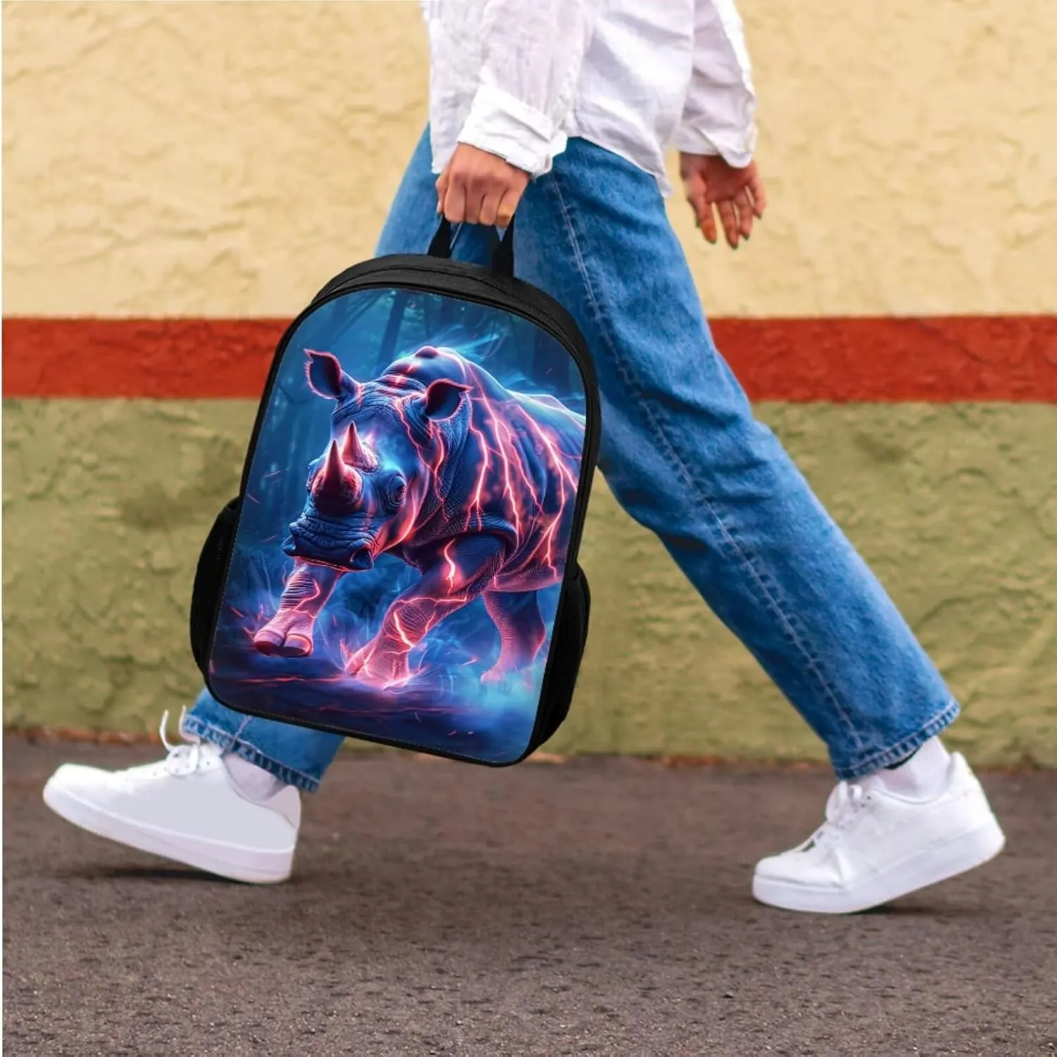 Cool Animal Print Backpack with Lunch Box Pencil Case Magical Lightning Rhinoceros Backpack for Boys Girls Large Capacity Lightweight Blue 17 Inch School Bag Set for Kids