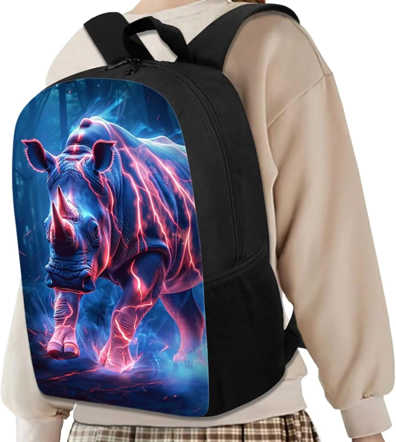 Cool Animal Print Backpack with Lunch Box Pencil Case Magical Lightning Rhinoceros Backpack for Boys Girls Large Capacity Lightweight Blue 17 Inch School Bag Set for Kids