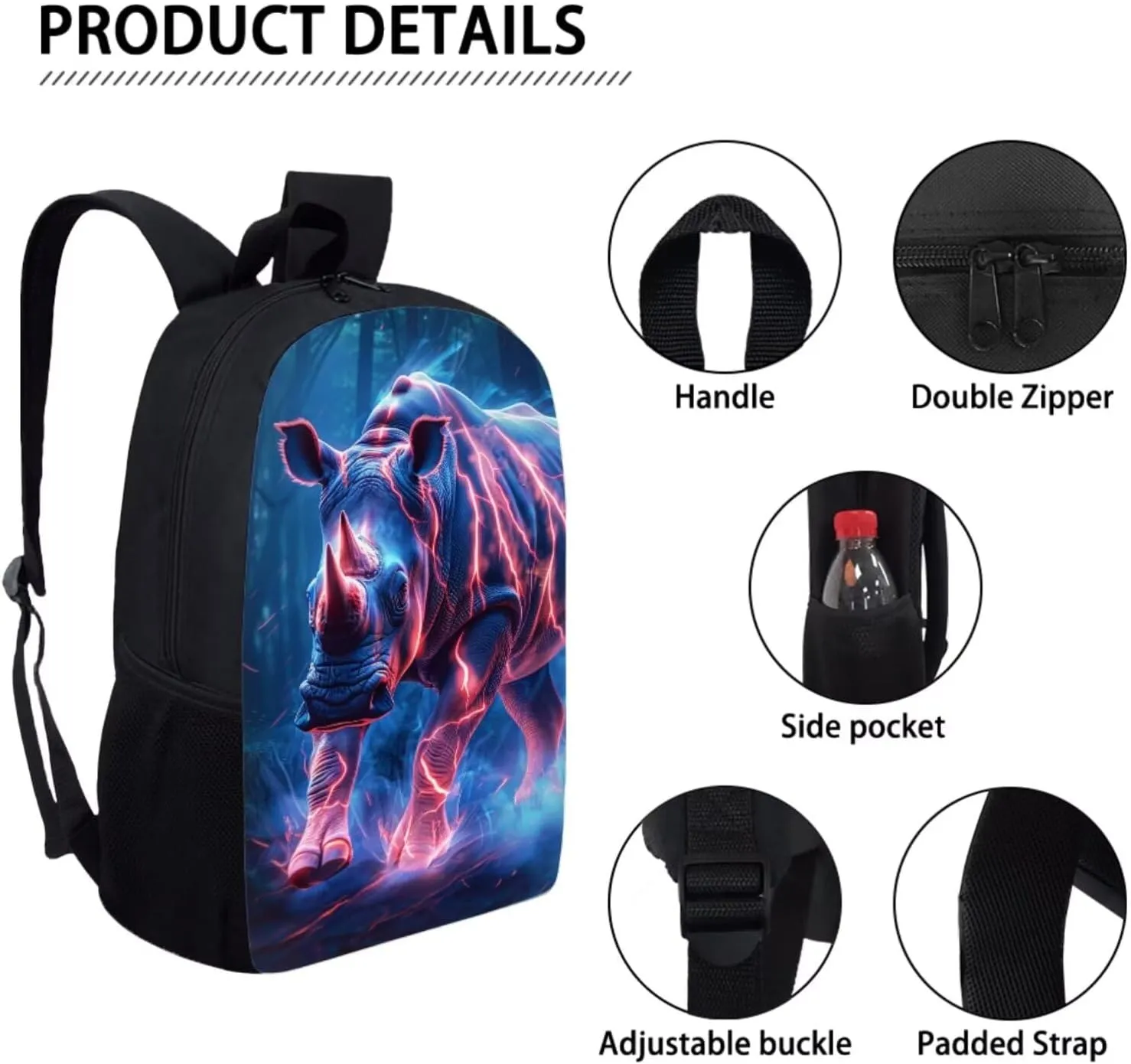 Cool Animal Print Backpack with Lunch Box Pencil Case Magical Lightning Rhinoceros Backpack for Boys Girls Large Capacity Lightweight Blue 17 Inch School Bag Set for Kids