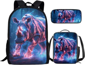 Cool Animal Print Backpack with Lunch Box Pencil Case Magical Lightning Rhinoceros Backpack for Boys Girls Large Capacity Lightweight Blue 17 Inch School Bag Set for Kids