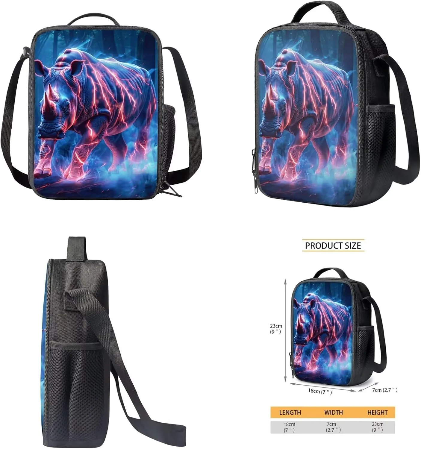 Cool Animal Print Backpack with Lunch Box Pencil Case Magical Lightning Rhinoceros Backpack for Boys Girls Large Capacity Lightweight Blue 17 Inch School Bag Set for Kids