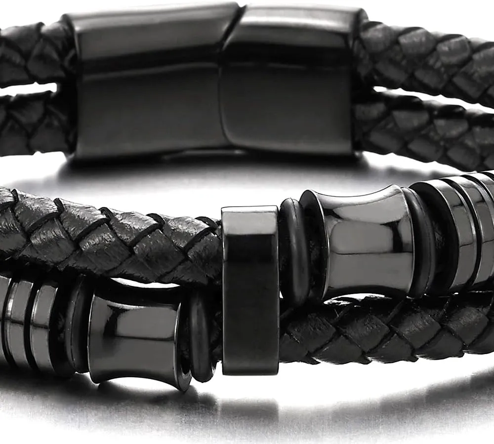 COOLSTEELANDBEYOND Mens Double-Row Braided Leather Bracelet Bangle Wristband with Stainless Steel Ornaments