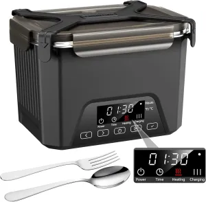 Cordless Electric Lunch Box, 1.2L Self Heating Lunch Box Battery Powered with Automatic Heating, BPA Free, Meal Prep Friendly (Black)