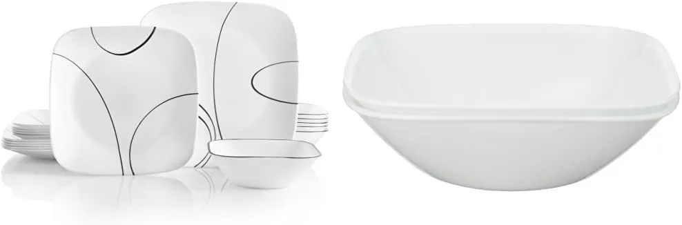 Corelle 18-Piece Service for 6, Chip Resistant, Simple Lines Dinnerware Set, & Square Pure White 1-Quart Bowl Set (2-Piece)