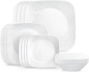 Corelle Cherish 16pc Dinnerware Set, Service for 4, 8 Plates 8 Bowls, Chip & Break Resistant, White Corelleware