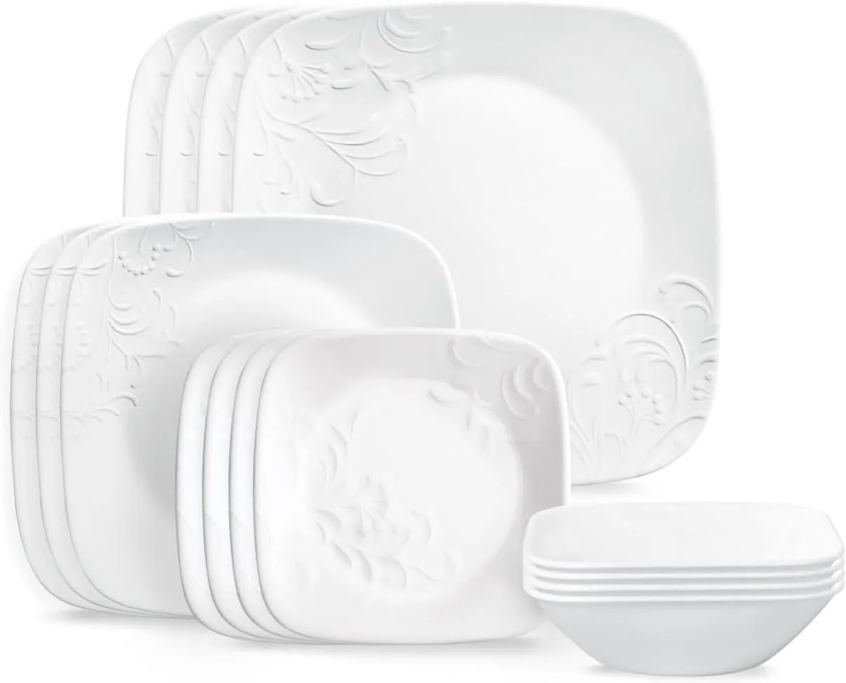 Corelle Cherish 16pc Dinnerware Set, Service for 4, 8 Plates 8 Bowls, Chip & Break Resistant, White Corelleware