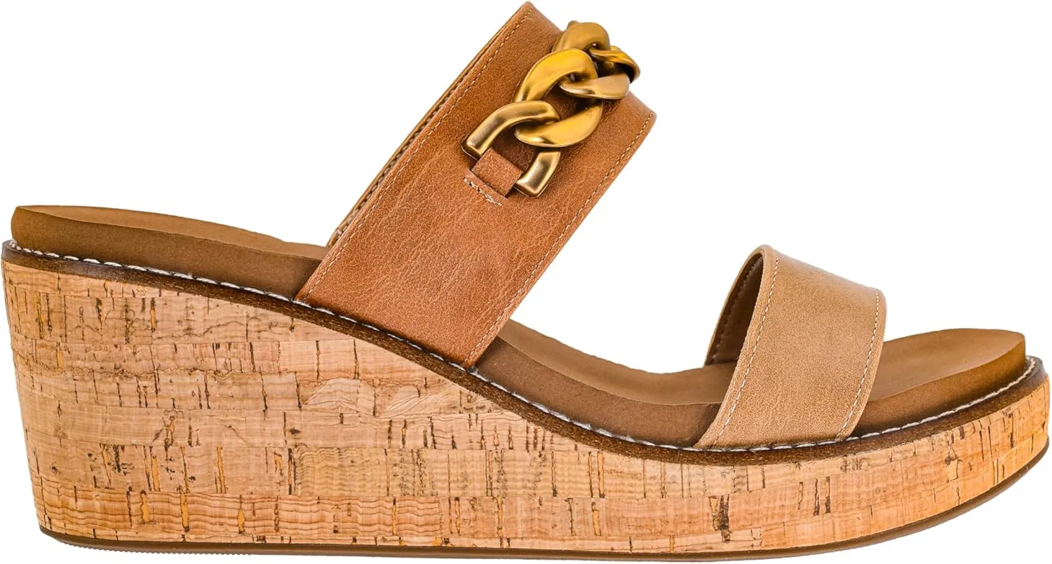 Corkys Footwear Womens Nightcap Wedges With A 2.5 Inch Heel, Corkys Signature Soft Memory Foam EVA Insoles For All Day Wear, A Slip-on Design, And Two Straps With A Chunky Chain, Perfect For A Night On The Town