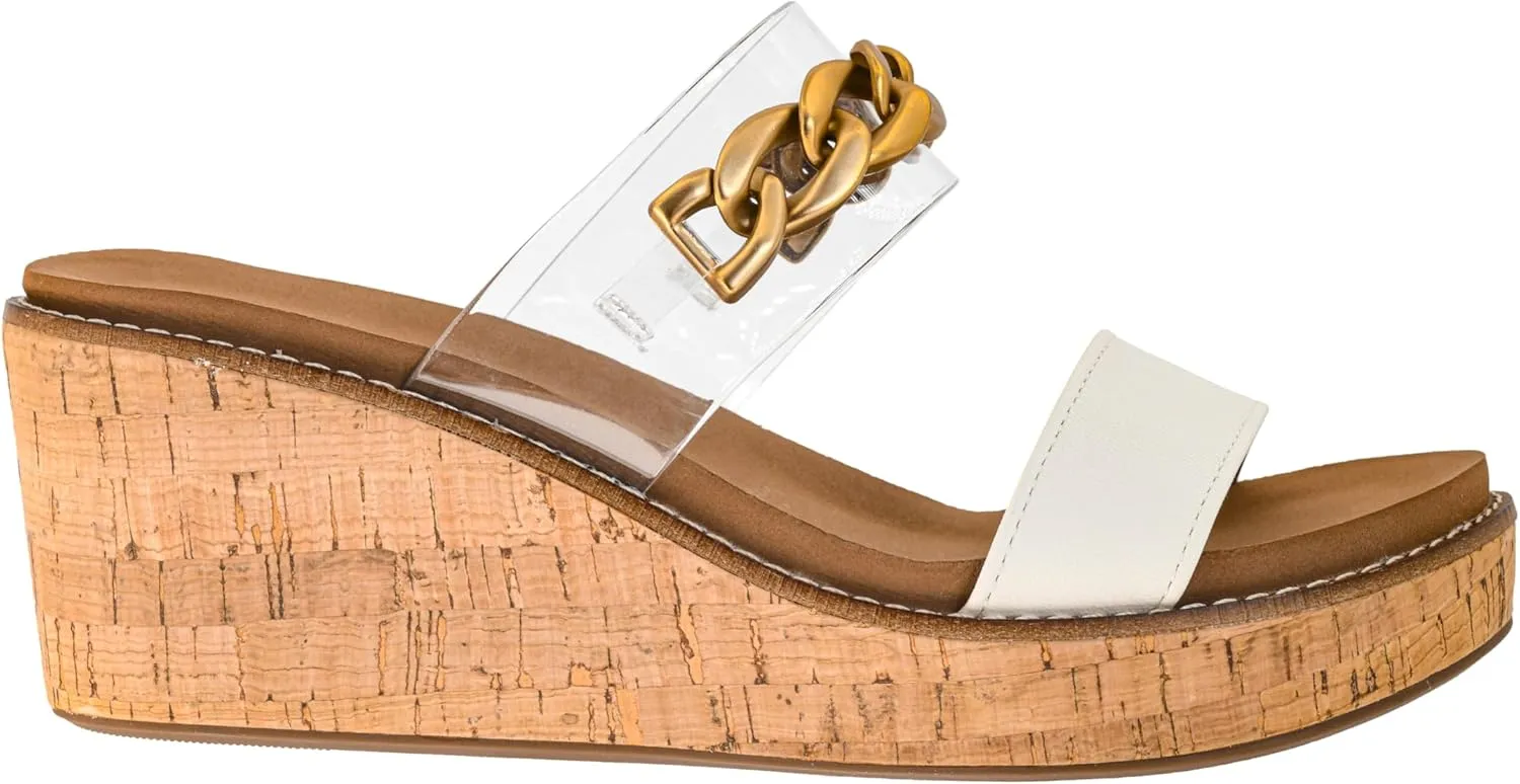 Corkys Footwear Womens Nightcap Wedges With A 2.5 Inch Heel, Corkys Signature Soft Memory Foam EVA Insoles For All Day Wear, A Slip-on Design, And Two Straps With A Chunky Chain, Perfect For A Night On The Town
