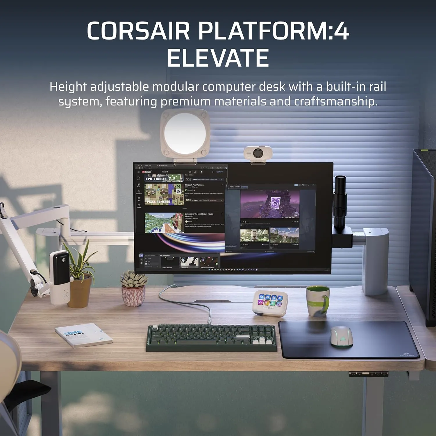 Corsair Platform:4 Elevate – 47 x 30 Inches, Adjustable Height, Electric Standing Computer Home Office Gaming Desk, Memory Presets, Cable Management, USB Ports, Monitor Arm Included – White Pine Stain
