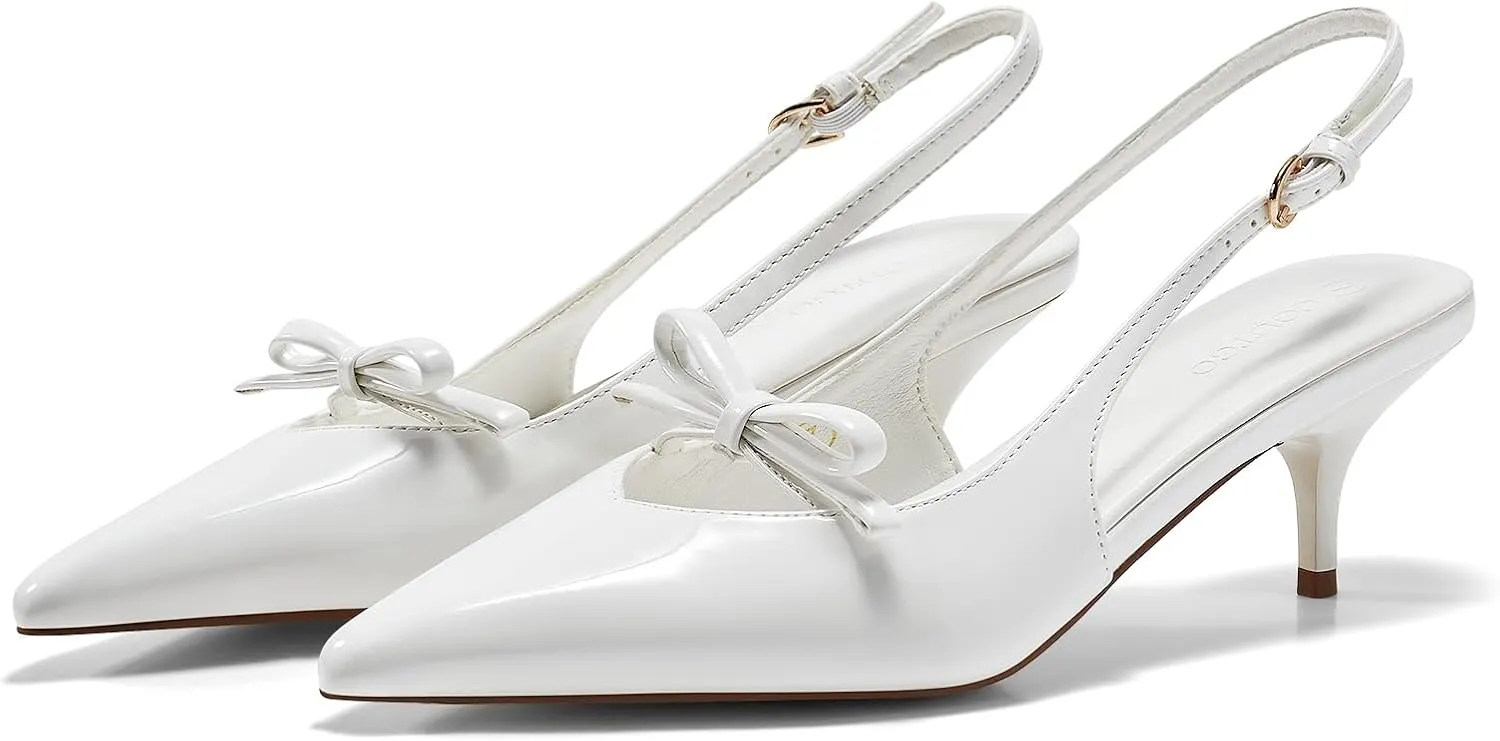 Coutgo Womens Bow Slingback Heels Low Kitten Heel Pumps Closed Pointed Toe Party Wedding Dress Shoes