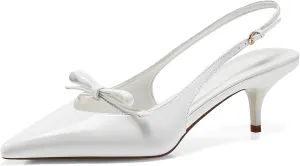 Coutgo Womens Bow Slingback Heels Low Kitten Heel Pumps Closed Pointed Toe Party Wedding Dress Shoes