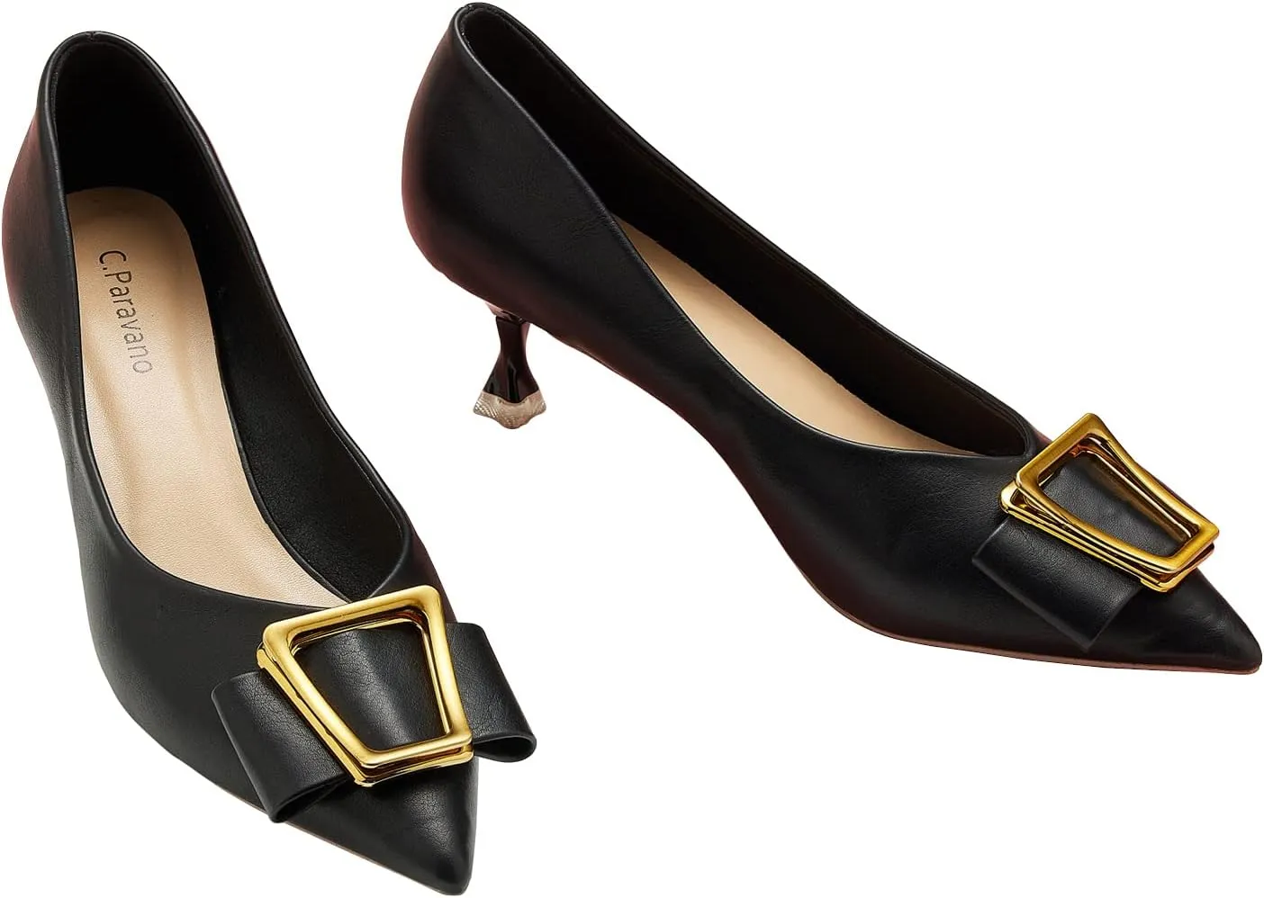 C.Paravano Women's Kitten Heel Pumps-Pointed Toe Wedding Shoes with Metal Buckle|Breathable Soft Leather for Office Attire, Cocktail Parties,Date Nights, Spring/Summer Events(Black,Size 6.5)